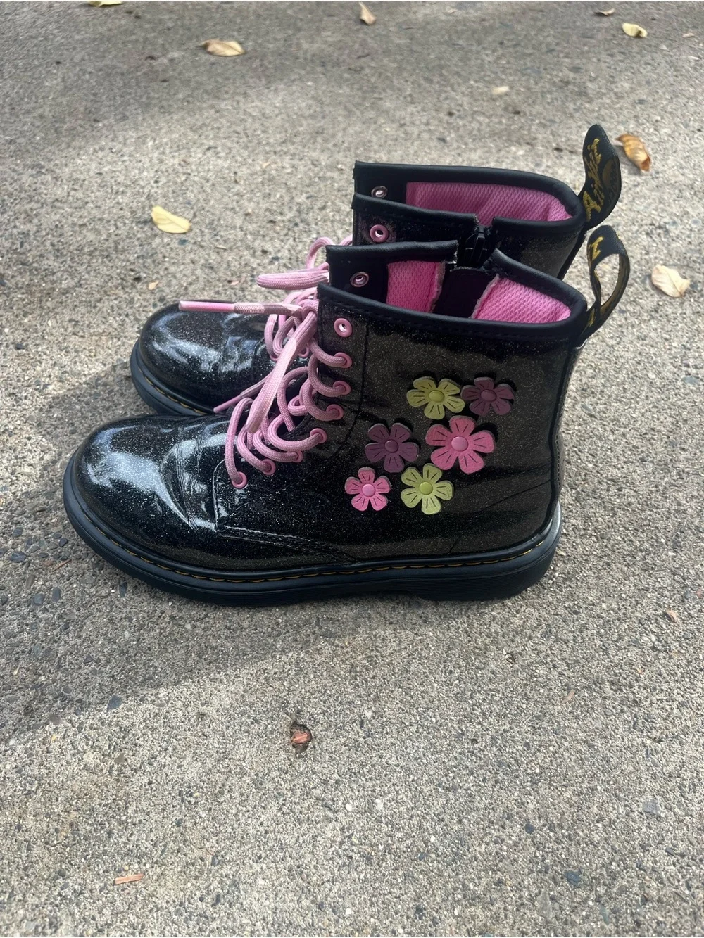 Dr. Marten’s Kids Black Glitter Lace-Up Boots with Pink Accents Size 4